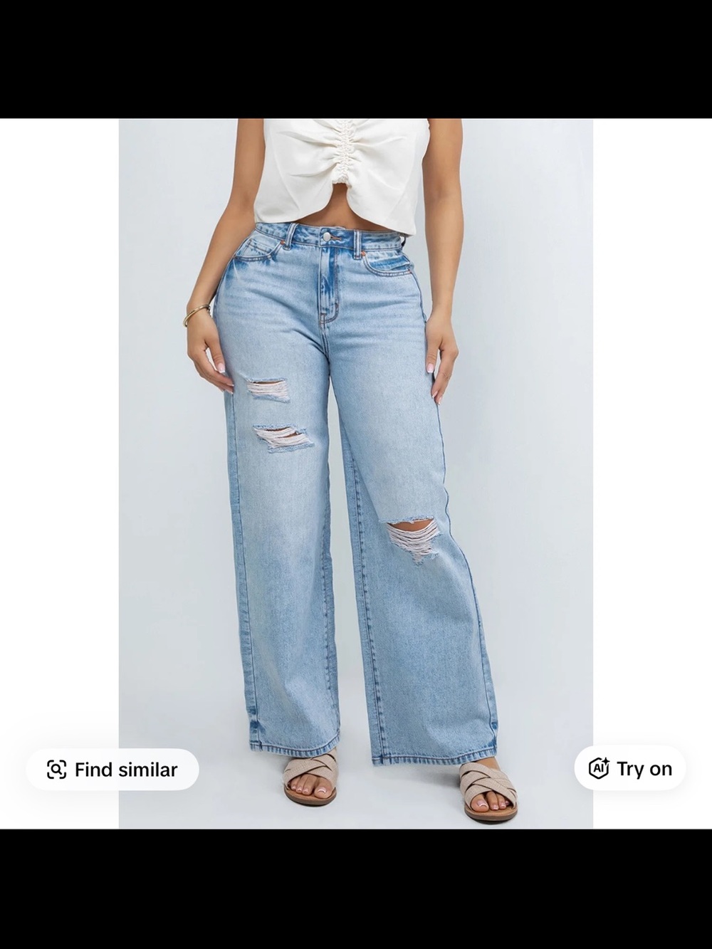 New High-Waist Wide Leg Distressed Jeans - Light Blue